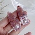 Pair of pink acetate hair clips with wavy texture, colorful rhinestones and white pearls - Purple Pair