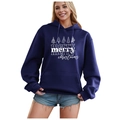 Navy blue fleece hoodie with white Christmas tree print and drawstring hood for women - S / Tops / Dark Blue