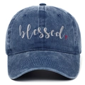 Vue de face de la casquette en jean bleu délavé avec broderie BLESSED et petite croix rouge - Réglable / Bleu Marine Lavé