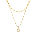 Double-layered gold necklace featuring a flat chain and a diamond-encrusted letter O pendant - Gold-Letter O