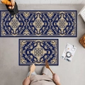 Blue Persian style kitchen mat set with golden patterns on wooden floor background - Nordic Palace Style