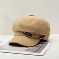 Gorra baker boy de pana caqui con correa de cuero y hebilla dorada de bocado - Talla única / Caqui