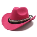 Top view of fuchsia wool cowboy hat with sequin trim and colorful braided band detail - M (56-58cm) / Rose Red