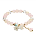 Elegant beaded bracelet with pink translucent beads and white flower charms - S033 - Glass Imitation Magnolia Lily Of The Valley Bracelet - Pinkish Yellow #sz242