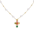 Collar de acero inoxidable bañado en oro 18K con perlas y cruz de circonitas de colores - Collar de Cruz de Circonita Multicolor y Perla de Imitación - Dorado