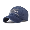 Detail view of navy washed cotton baseball cap with vintage One Moment embroidery - Adjustable / Navy Blue