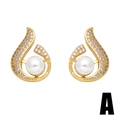 Elegant gold-tone heart pearl earrings with sparkling zircon accents on a white background - Teardrop Pearl Zirconia Style (A)