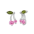 Sparkling silver cherry earrings with pink and green cubic zirconia stones - EQE120-P-Silver Cherry