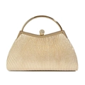 Elegant champagne gold pleated evening clutch with round metal handle and rhinestone clasp - Gold