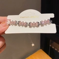 Detail of adjustable pearl bracelet with pink oval zircon and bear charm tail chain - 59# Bracelet - Silver - Pink
