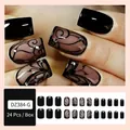 Press-on nails DZ384-G with black and brown butterfly patterns and tiny rhinestones - Jelly Glue + Stick + File / DZ384-G Black Vine