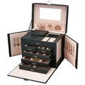 Large black leather multi-layer jewelry organizer box with pink velvet lining and mirror - Black - Extra Large (Includes Portable Case)