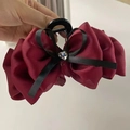 Burgundy mesh bow hair claw with black ribbon and heart rhinestone detail - Heart Decor-Red Bow Claw Clip