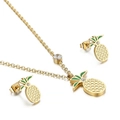 Golden pineapple jewelry set featuring green enamel leaves and clear crystal stones - Gold Pineapple Rhinestone Style (KS116714-K)