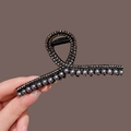 Elegante fermaglio per capelli in metallo nero con cristalli e perle grigie per donna - Canna di Fucile Nero Croce Perla Strass