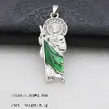 Detailed view of Saint Jude pendant with green enamel and crystal halo, 5.3cm x 2.0cm size - Silver-2