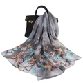 Lightweight chiffon scarf featuring vibrant multicolored butterfly print over a grey base - Large Butterfly Grey