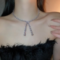 Detailed view of an elegant silver Y-shaped tassel choker with zircon water drop pendants - 17# Necklace-Silver (Y-Shape Teardrop Tassel)