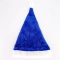 Blue plush Christmas hat with white faux fur trim and pompom on white background - Blue