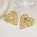 French vintage hollow heart stud earrings in shiny gold with molten lava texture - Golden Pleated Lava Heart Earrings