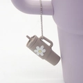 Mini soft rubber cup keychain in khaki with a white daisy flower on a silver chain - Keychain / Grey Flower Cup with Bead Chain