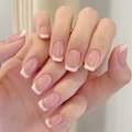 Short square press-on nails with nude pink base and classic white French tips - R806 Simple French Style / Nail Glue Version
