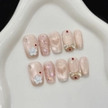 Unghie finte cat-eye rosa con fiori 3D, paillettes e fiocchi di cristallo set - XS / Nuovo Stile Cinese (2966)