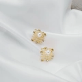 Elegant gold square grid stud earrings with central white pearl and sparkling rhinestones - Gold Grid Pearl Style (E2793)