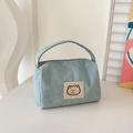 Light blue corduroy minimalist square handbag with cartoon bear patch and metal zipper - Blue