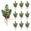 Set of 10 artificial pine branches with gold berries and pinecones for Christmas decor - Gold Glitter Style