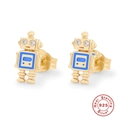 Creative s925 sterling silver golden robot stud earrings with blue enamel and crystal eyes - 925 Silver/Zirconia/Enamel / Gold Blue Robot