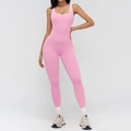 Pink athletic yoga jumpsuit with white contrast piping and square neck for women - S / Sakura Pink