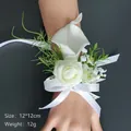 White silk rose and calla lily bridal wrist corsage with decorative ribbon, 12x12cm - Wrist Flower Style 6