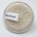 Reusable beige circular microfiber facial cleansing sponge with clean sponge label - Cloud Velvet Beige
