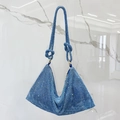 Detail of blue rhinestone shoulder bag featuring knotted strap and glittering crystals - Standard Size / Light Blue