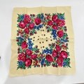 Square floral scarf with Russian style red roses and green leaves on yellow fabric - 70x70cm / Off White