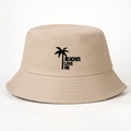 Cappello a secchiello in cotone kaki con scritta Beaches Love Me e stampa di una palma - Cachi