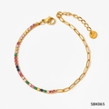 Gold-plated stainless steel bracelet featuring multi-colored gemstones and a paperclip chain - Colorful Zircon Gold (B065)