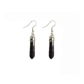 Detail showing hexagonal crystal column earrings with sparkling dark stones and silver hooks - Blue Sandstone