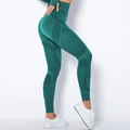 Dunkelgrünes nahtloses High-Waist-Yoga-Set mit vertikalen Streifen und Lochmuster - Dunkelgrün