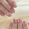 Elegant French nude short square press-on nails with white floral patterns and silk backdrop - By1528 Flower World / Glue Type