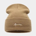 Khaki winter knit beanie hat with white letter embroidery for men and women - Khaki