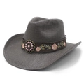 Cappello da cowboy in paglia marrone scuro con ricamo floreale e decoro in metallo vintage - M (56-58cm) / Nero e Grigio