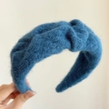 Dark blue knitted knot headband with soft plush texture for winter hair accessory - Blue