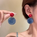 Minimalist red and blue acrylic geometric earrings worn by model for elegant style - Silver Earring Post - Red - Blue