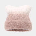Detailed close-up of soft faux fur texture and pink gradient cat ear knit hat - White Pink Gradient