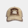 Detail of vintage washed khaki baseball cap with New York embroidery and frayed brim edge - Adjustable / Khaki
