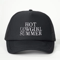 Black trucker hat with white Hot Cowgirl Summer text embroidery and mesh back - One Size / Black
