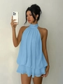 Light blue halter chiffon mini dress with pleated layers and ruffled hem detail - S / Dresses / Sky Blue