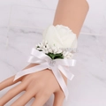 Elegant white silk rose wrist corsage with satin ribbon and rhinestone accents - Wrist Corsage / No.7 White Wrist Corsage